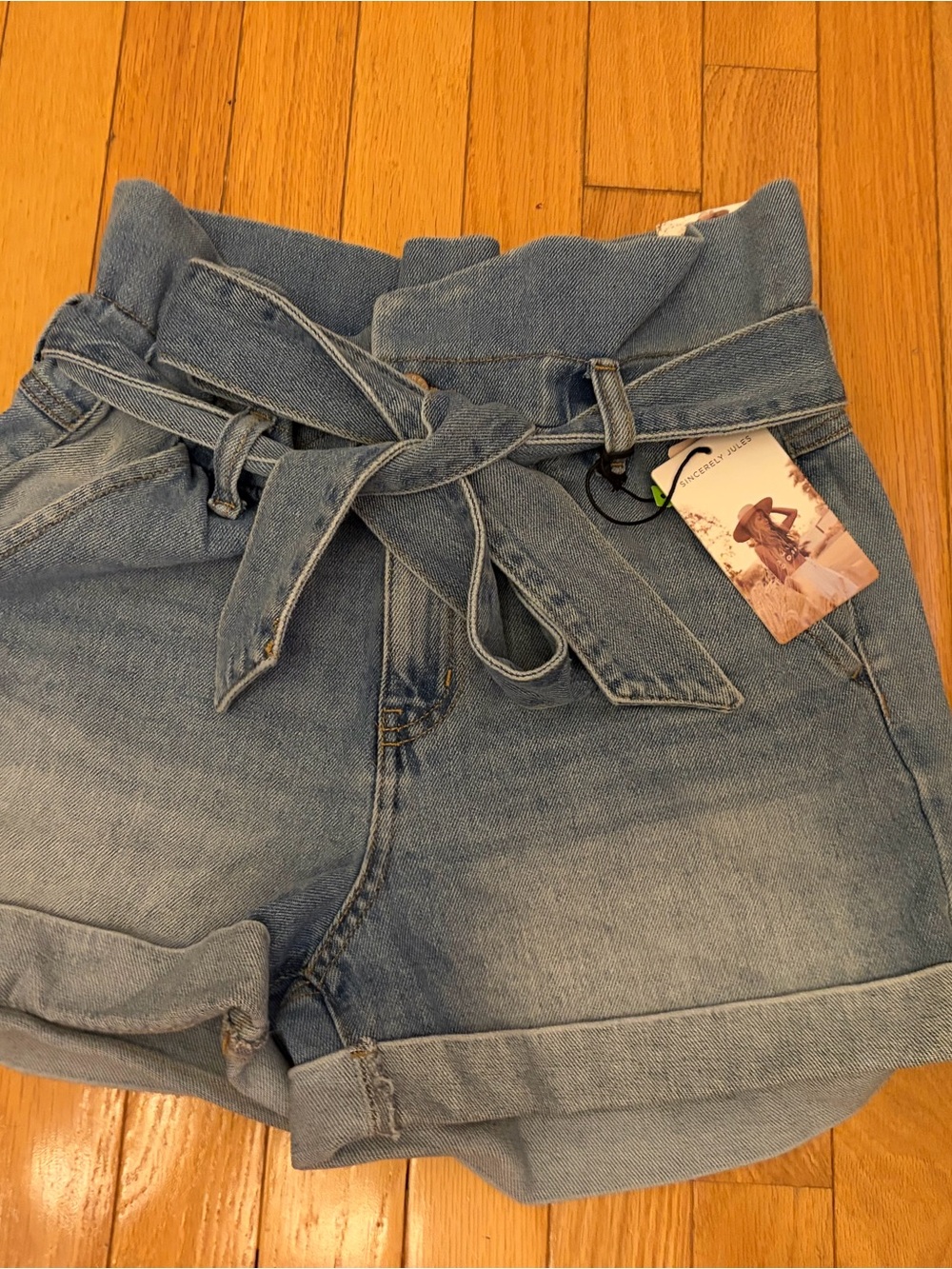 Sincerely Jules Light Blue Paperbag Waist Denim Shorts with Tie